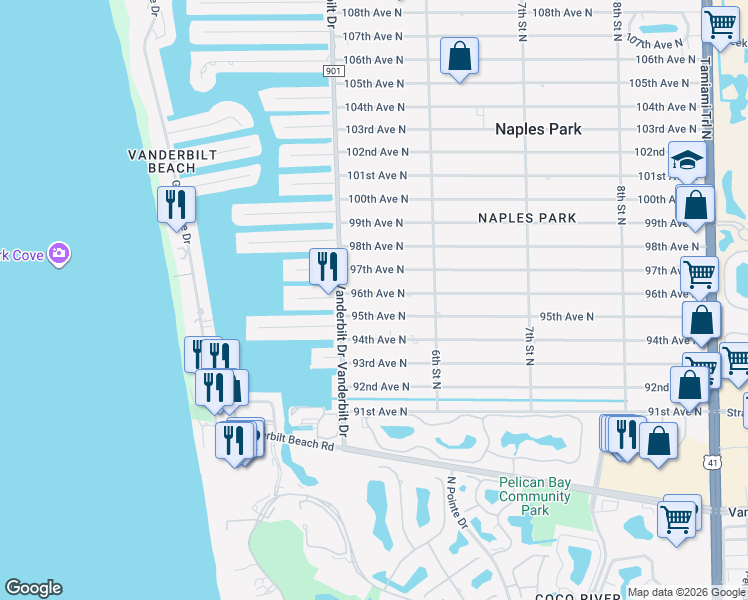 map of restaurants, bars, coffee shops, grocery stores, and more near 525 96th Avenue North in Naples