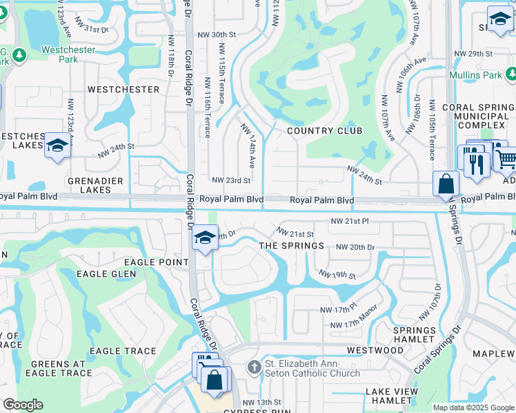 map of restaurants, bars, coffee shops, grocery stores, and more near 11417 Royal Palm Boulevard in Coral Springs