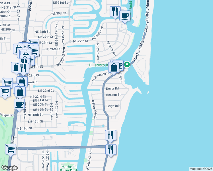 map of restaurants, bars, coffee shops, grocery stores, and more near 2500 North Ocean Boulevard in Pompano Beach