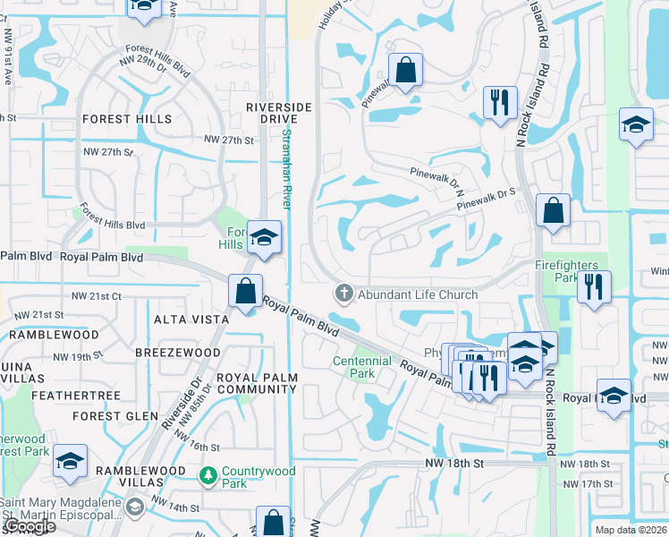 map of restaurants, bars, coffee shops, grocery stores, and more near 2620 Northwest 79th Avenue in Margate