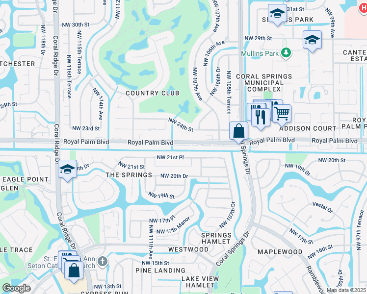 map of restaurants, bars, coffee shops, grocery stores, and more near 10876 Royal Palm Boulevard in Coral Springs