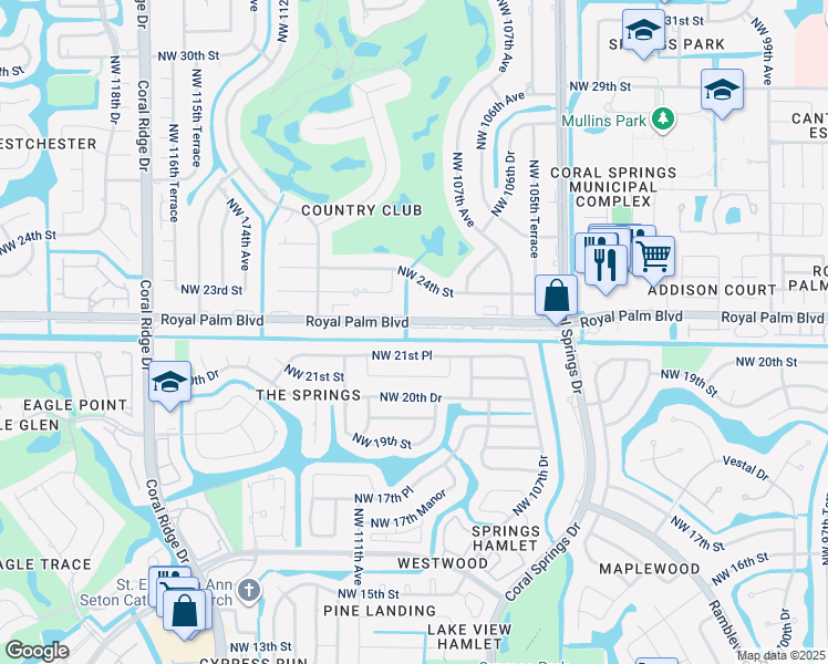 map of restaurants, bars, coffee shops, grocery stores, and more near 10974 Royal Palm Boulevard in Coral Springs
