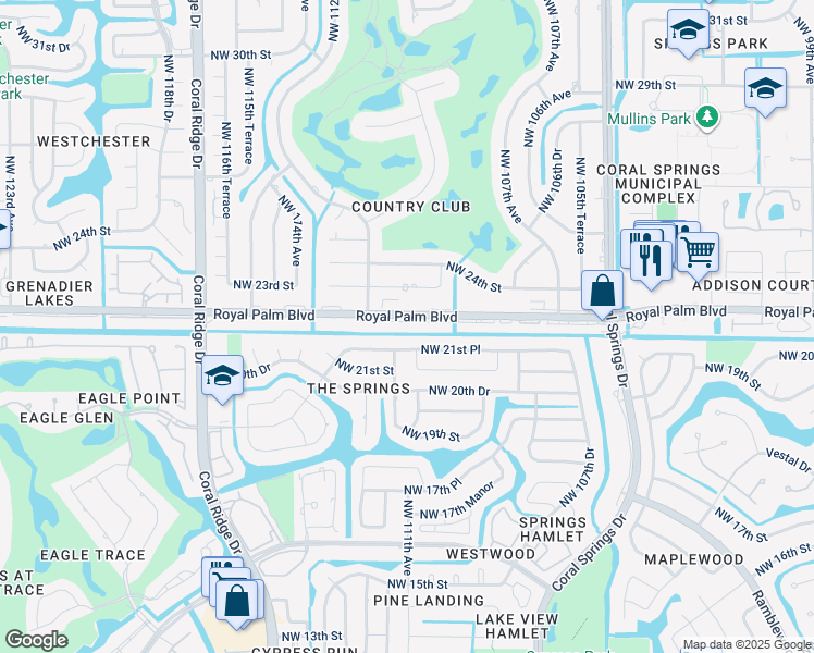 map of restaurants, bars, coffee shops, grocery stores, and more near 107 Royal Palm Boulevard in Coral Springs