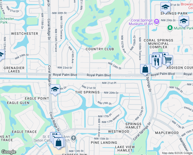 map of restaurants, bars, coffee shops, grocery stores, and more near 107 Royal Palm Boulevard in Coral Springs