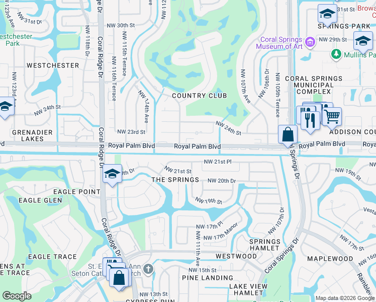 map of restaurants, bars, coffee shops, grocery stores, and more near in Coral Springs