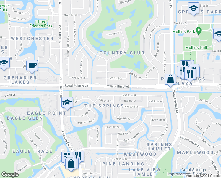 map of restaurants, bars, coffee shops, grocery stores, and more near in Coral Springs