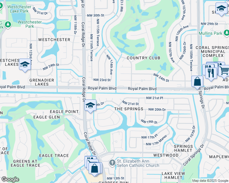 map of restaurants, bars, coffee shops, grocery stores, and more near 11417 Royal Palm Boulevard in Coral Springs