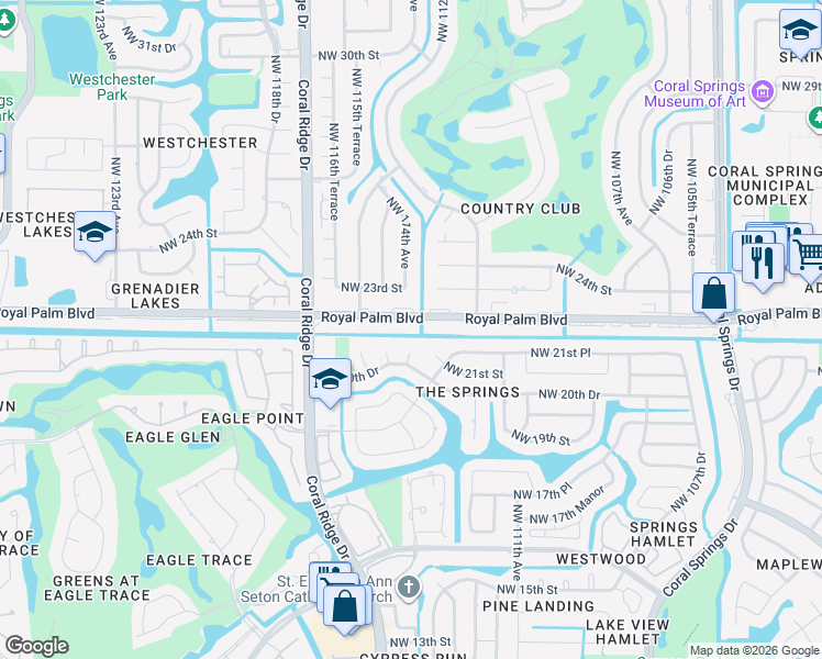 map of restaurants, bars, coffee shops, grocery stores, and more near 11352 Royal Palm Boulevard in Coral Springs
