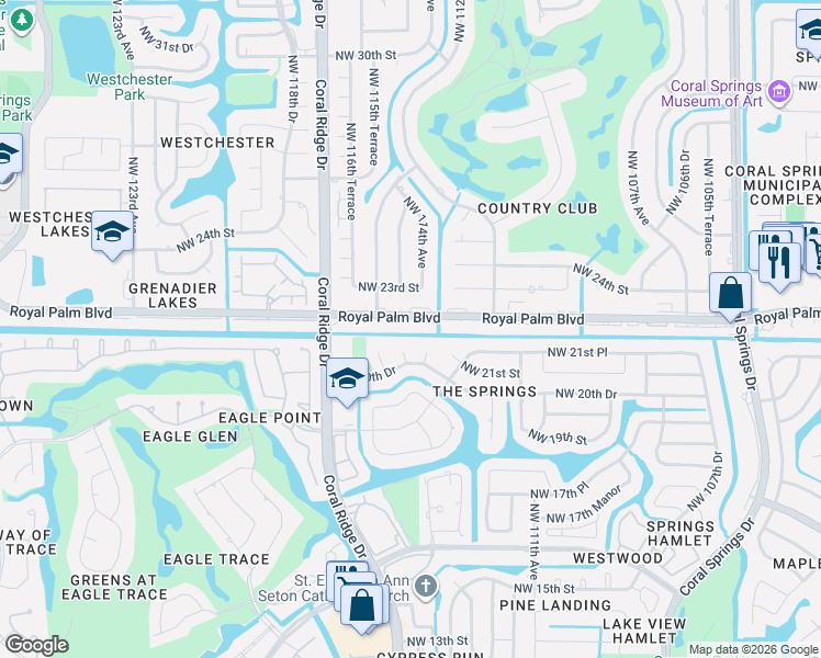 map of restaurants, bars, coffee shops, grocery stores, and more near 11352 Royal Palm Boulevard in Coral Springs