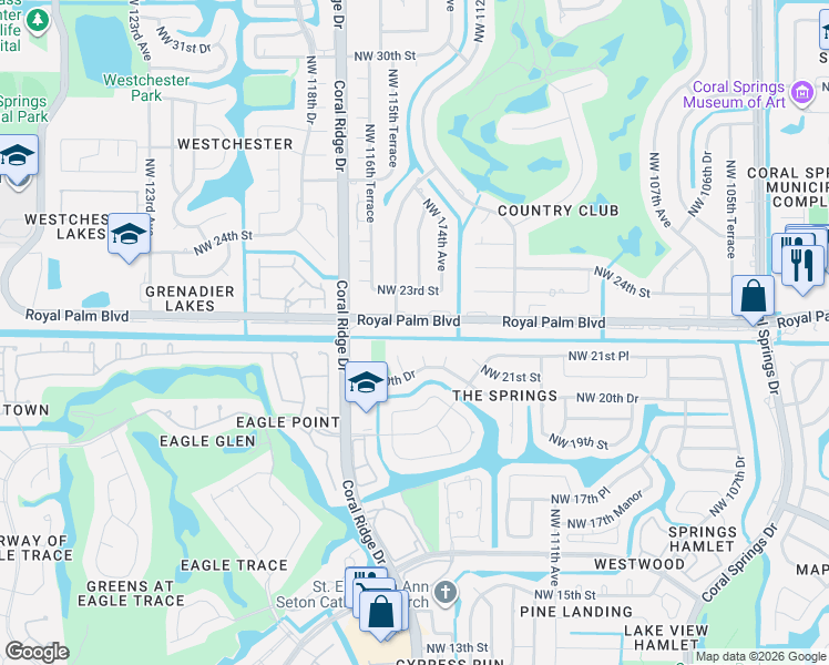 map of restaurants, bars, coffee shops, grocery stores, and more near in Coral Springs