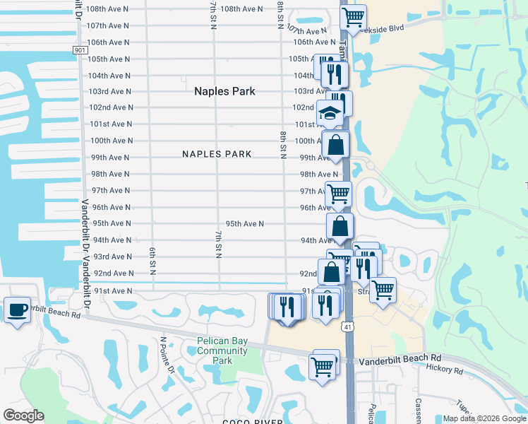 map of restaurants, bars, coffee shops, grocery stores, and more near 755 96th Avenue North in Naples