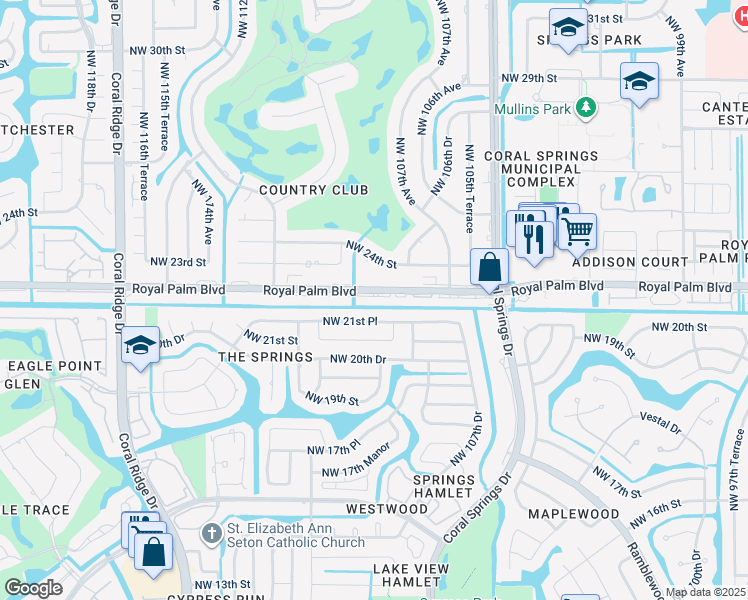 map of restaurants, bars, coffee shops, grocery stores, and more near 10876 Royal Palm Boulevard in Coral Springs
