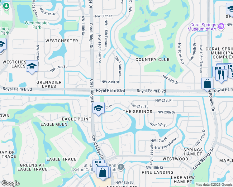 map of restaurants, bars, coffee shops, grocery stores, and more near 11352 Royal Palm Boulevard in Coral Springs
