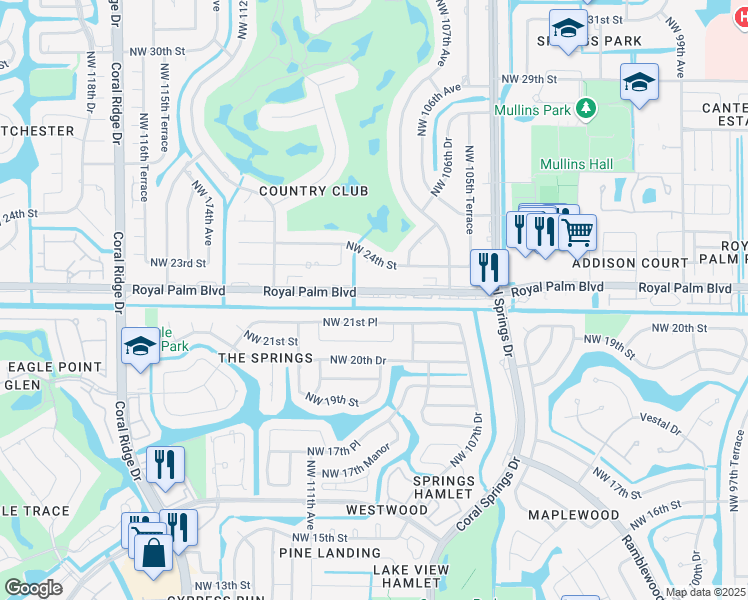 map of restaurants, bars, coffee shops, grocery stores, and more near 10876 Royal Palm Boulevard in Coral Springs