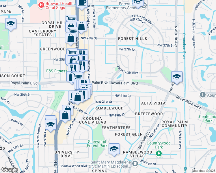 map of restaurants, bars, coffee shops, grocery stores, and more near 8884 Royal Palm Boulevard in Coral Springs