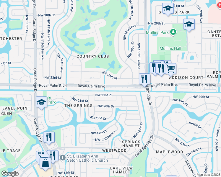 map of restaurants, bars, coffee shops, grocery stores, and more near 10876 Royal Palm Boulevard in Coral Springs