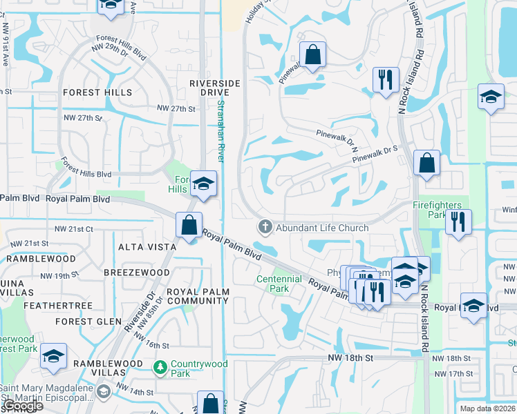map of restaurants, bars, coffee shops, grocery stores, and more near 2620 Northwest 79th Avenue in Margate