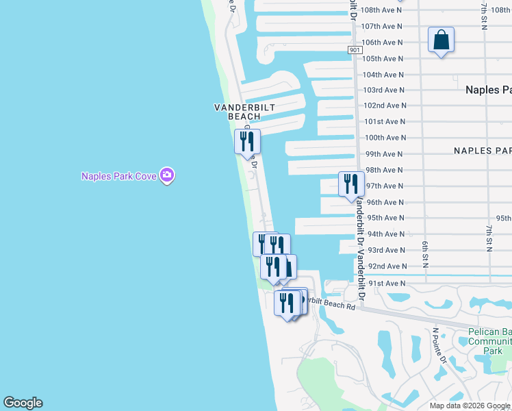 map of restaurants, bars, coffee shops, grocery stores, and more near 9653 Gulf Shore Drive in Naples