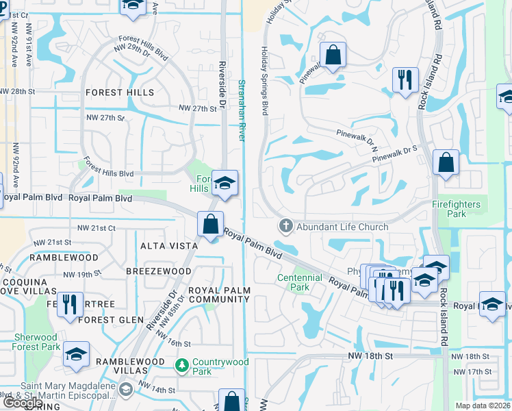 map of restaurants, bars, coffee shops, grocery stores, and more near 2565 Northwest 80th Avenue in Margate