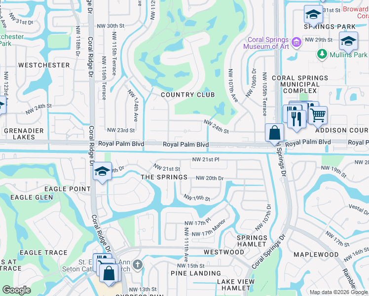 map of restaurants, bars, coffee shops, grocery stores, and more near 107 Royal Palm Boulevard in Coral Springs