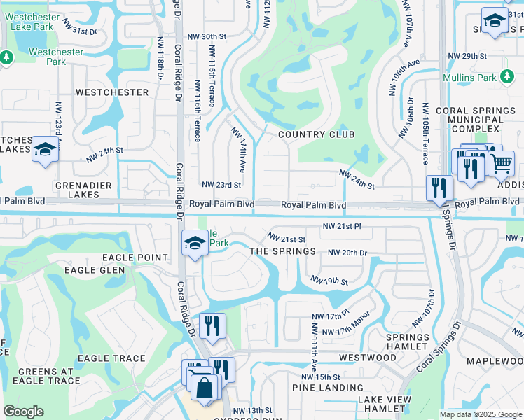 map of restaurants, bars, coffee shops, grocery stores, and more near 11340 Royal Palm Boulevard in Coral Springs
