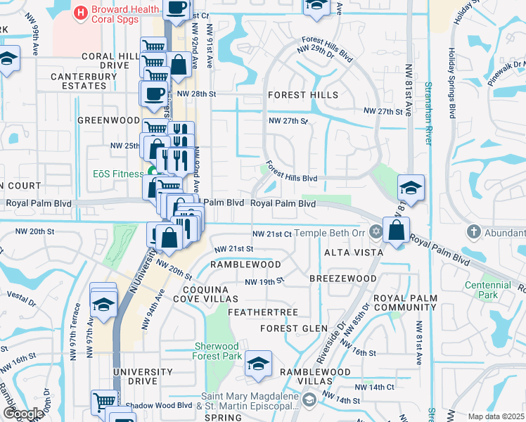 map of restaurants, bars, coffee shops, grocery stores, and more near 8880 Royal Palm Boulevard in Coral Springs