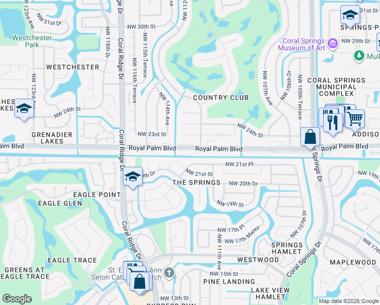 map of restaurants, bars, coffee shops, grocery stores, and more near 11340 Royal Palm Boulevard in Coral Springs
