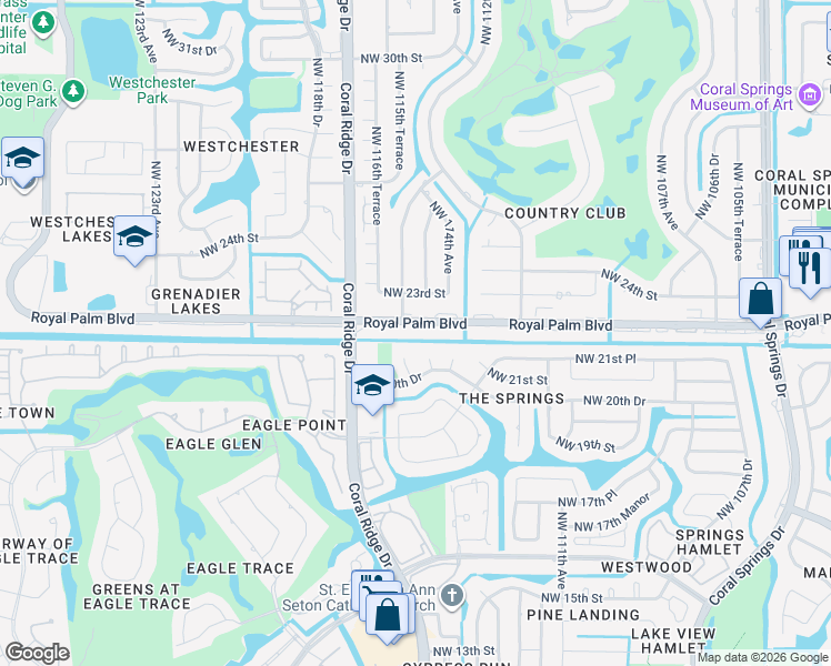 map of restaurants, bars, coffee shops, grocery stores, and more near in Coral Springs
