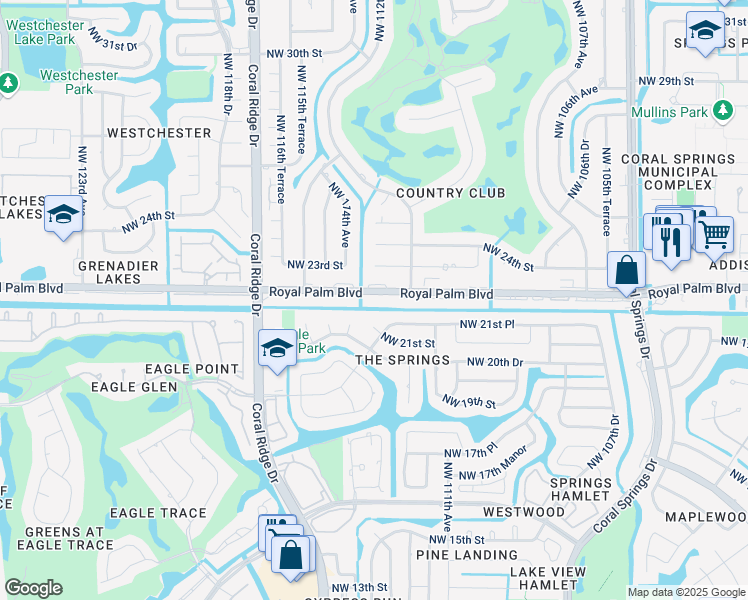 map of restaurants, bars, coffee shops, grocery stores, and more near 11340 Royal Palm Boulevard in Coral Springs