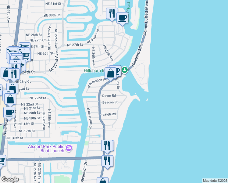 map of restaurants, bars, coffee shops, grocery stores, and more near 3421 Norfolk Street in Pompano Beach