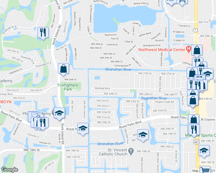 map of restaurants, bars, coffee shops, grocery stores, and more near 2510 Northwest 67th Terrace in Margate
