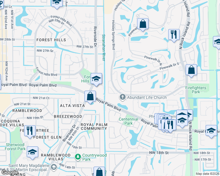 map of restaurants, bars, coffee shops, grocery stores, and more near 2565 Northwest 80th Avenue in Margate