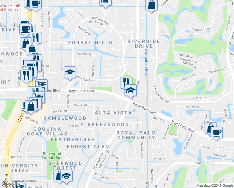 map of restaurants, bars, coffee shops, grocery stores, and more near 8355 Royal Palm Boulevard in Coral Springs