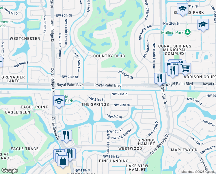 map of restaurants, bars, coffee shops, grocery stores, and more near 107 Royal Palm Boulevard in Coral Springs