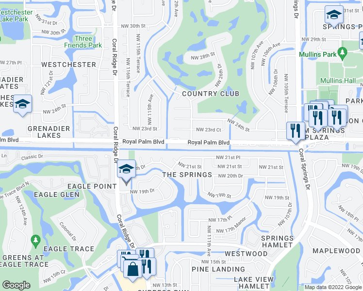 map of restaurants, bars, coffee shops, grocery stores, and more near 11340 Royal Palm Boulevard in Coral Springs
