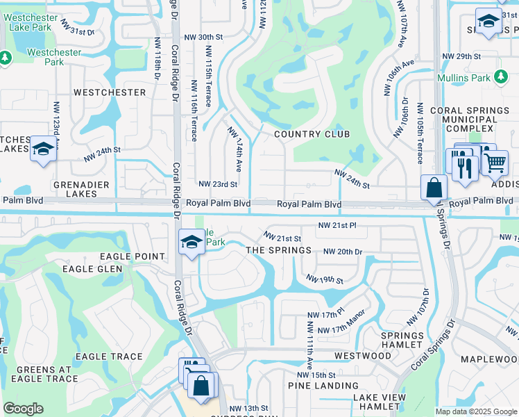 map of restaurants, bars, coffee shops, grocery stores, and more near 11340 Royal Palm Boulevard in Coral Springs