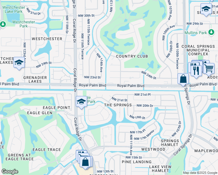 map of restaurants, bars, coffee shops, grocery stores, and more near 11340 Royal Palm Boulevard in Coral Springs