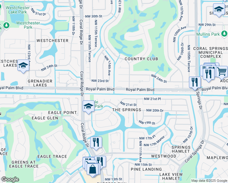 map of restaurants, bars, coffee shops, grocery stores, and more near 11352 Royal Palm Boulevard in Coral Springs
