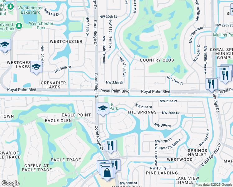 map of restaurants, bars, coffee shops, grocery stores, and more near in Coral Springs