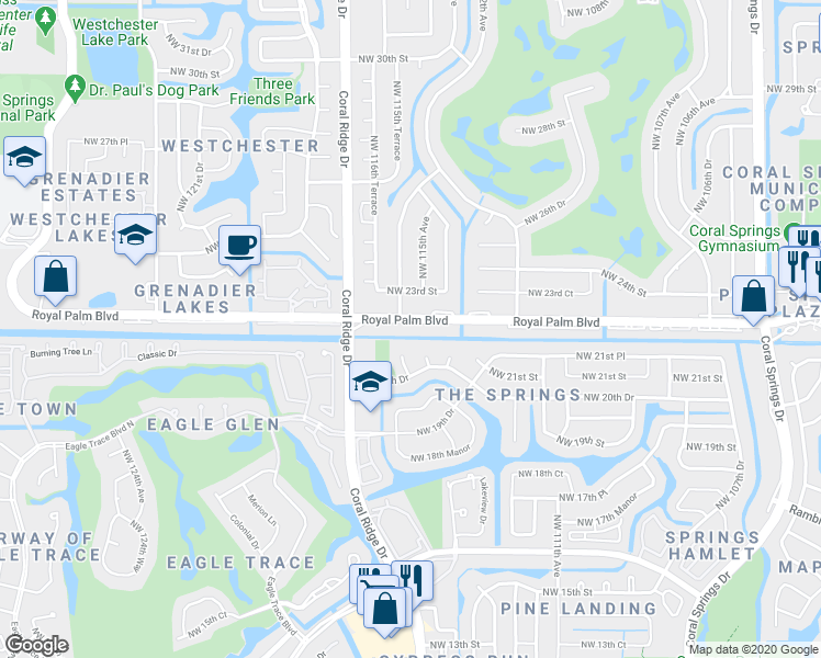 map of restaurants, bars, coffee shops, grocery stores, and more near in Coral Springs