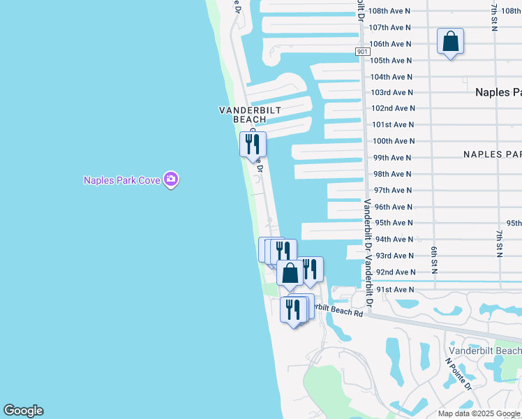 map of restaurants, bars, coffee shops, grocery stores, and more near 9653 Gulf Shore Drive in Naples