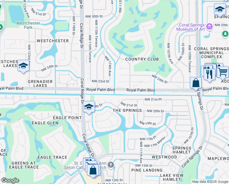 map of restaurants, bars, coffee shops, grocery stores, and more near 11417 Royal Palm Boulevard in Coral Springs