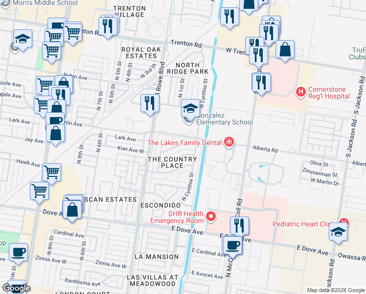 map of restaurants, bars, coffee shops, grocery stores, and more near 217 East Lark Avenue in McAllen