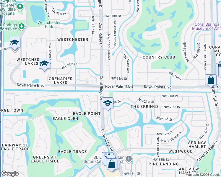 map of restaurants, bars, coffee shops, grocery stores, and more near 2291 Coral Ridge Drive in Coral Springs