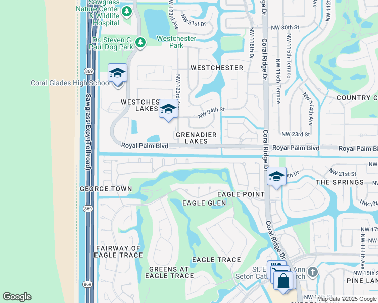 map of restaurants, bars, coffee shops, grocery stores, and more near 12236 Royal Palm Boulevard in Coral Springs