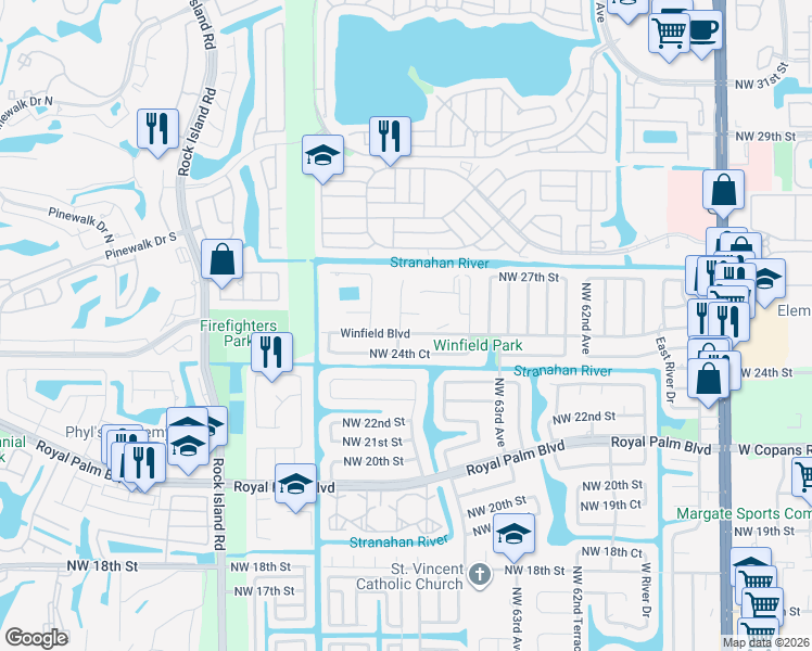 map of restaurants, bars, coffee shops, grocery stores, and more near 6303 Winfield Boulevard in Margate