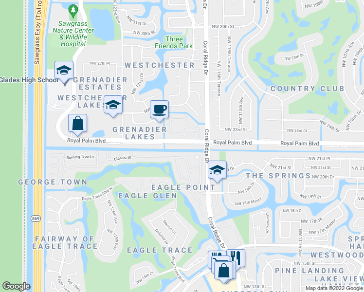 map of restaurants, bars, coffee shops, grocery stores, and more near 11840 Royal Palm Boulevard in Coral Springs