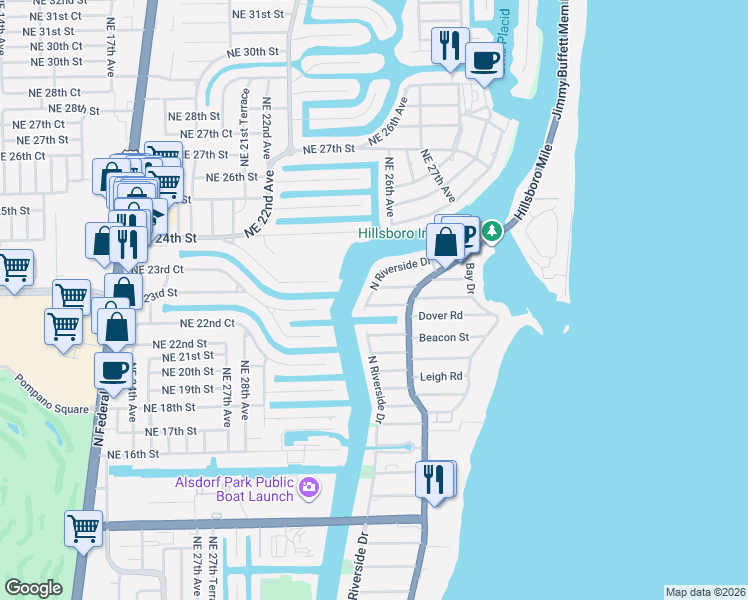 map of restaurants, bars, coffee shops, grocery stores, and more near 3204 Norfolk Street in Pompano Beach