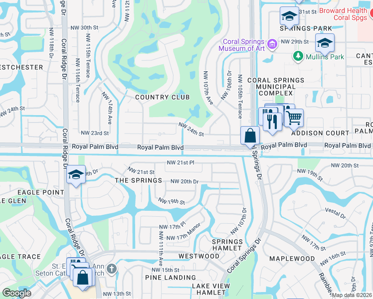 map of restaurants, bars, coffee shops, grocery stores, and more near 10926 Royal Palm Boulevard in Coral Springs