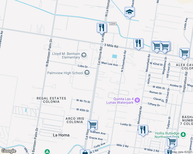 map of restaurants, bars, coffee shops, grocery stores, and more near 3901 North La Homa Road in Mission